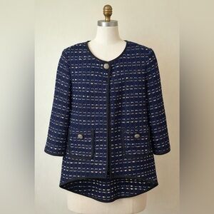 St. John Navy Blue Multicolor High Low Wool Blend Tweed Jacket Blazer Size 6